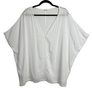 Himone White Sleeveless V-Neck Crochet Lace Trim Boxy Top Beach Coverup OS